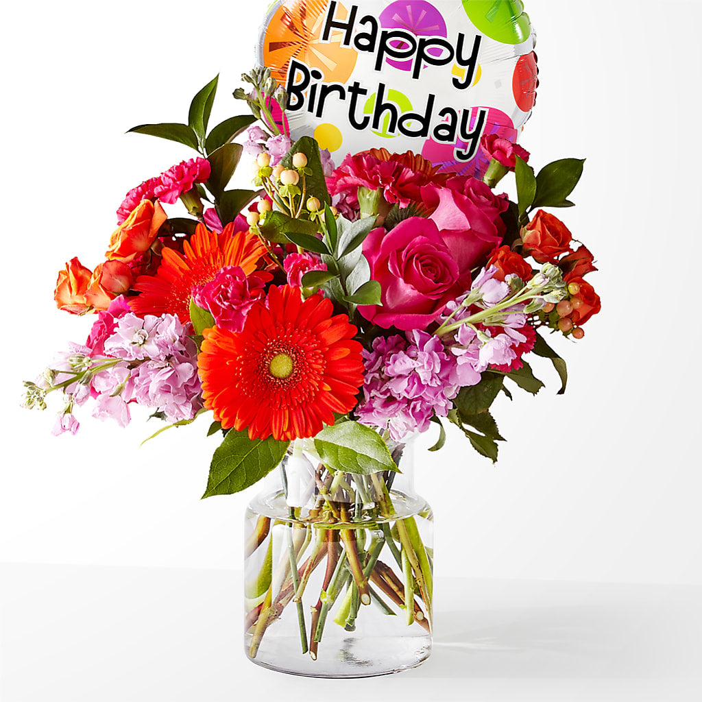 Fiesta Bouquet with Birthday Balloon – Double D Flower Shop, Mercedes TX