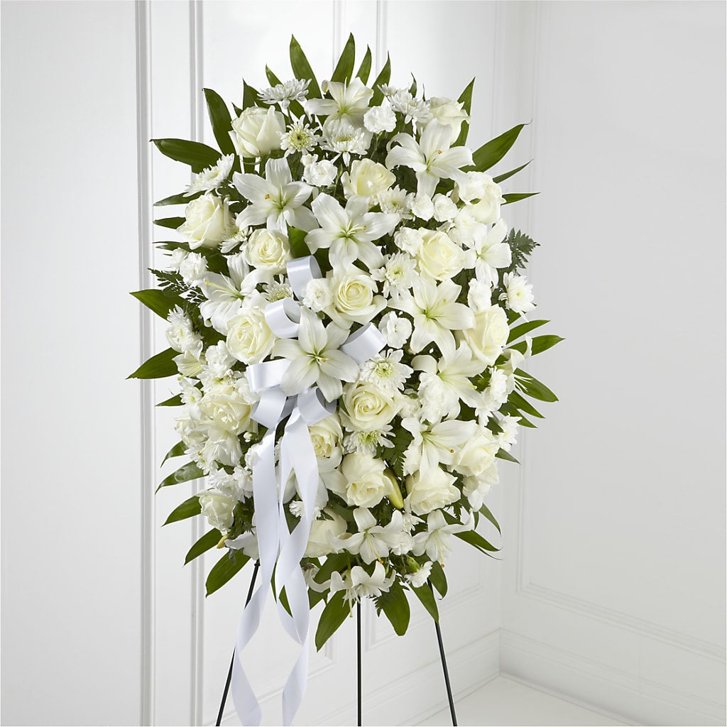 Exquisite Tribute Standing Spray-White Ribbon – Double D Flower Shop, Mercedes TX