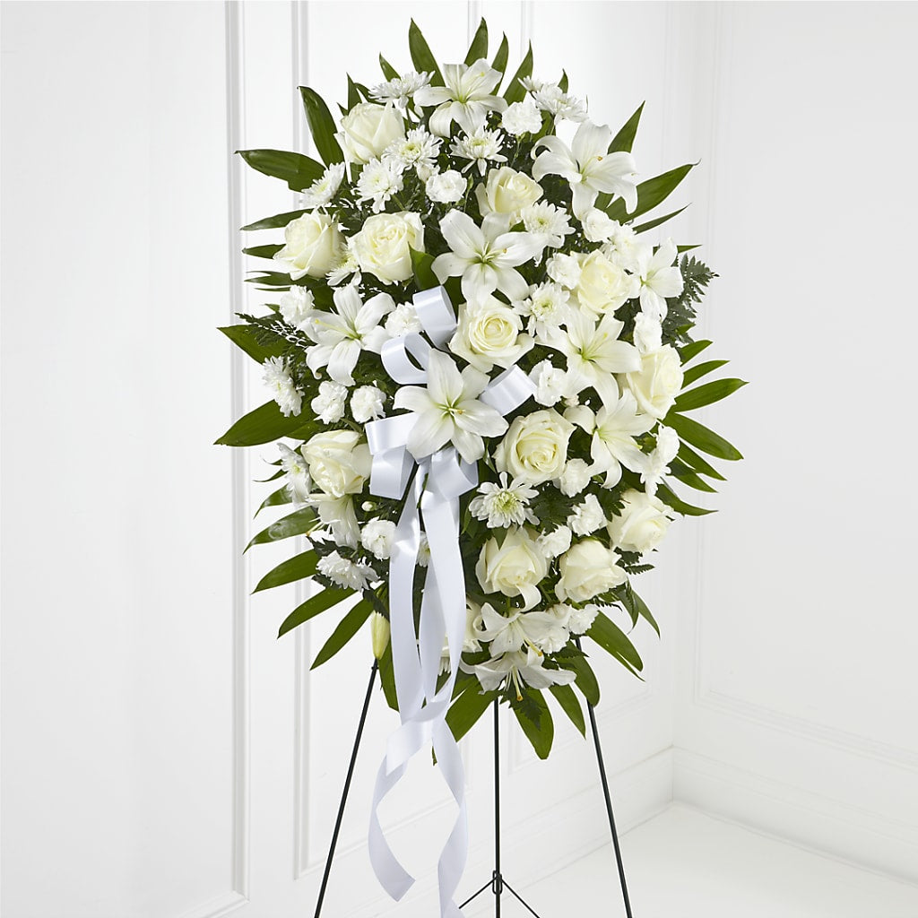 Exquisite Tribute Standing Spray-White Ribbon – Double D Flower Shop, Mercedes TX